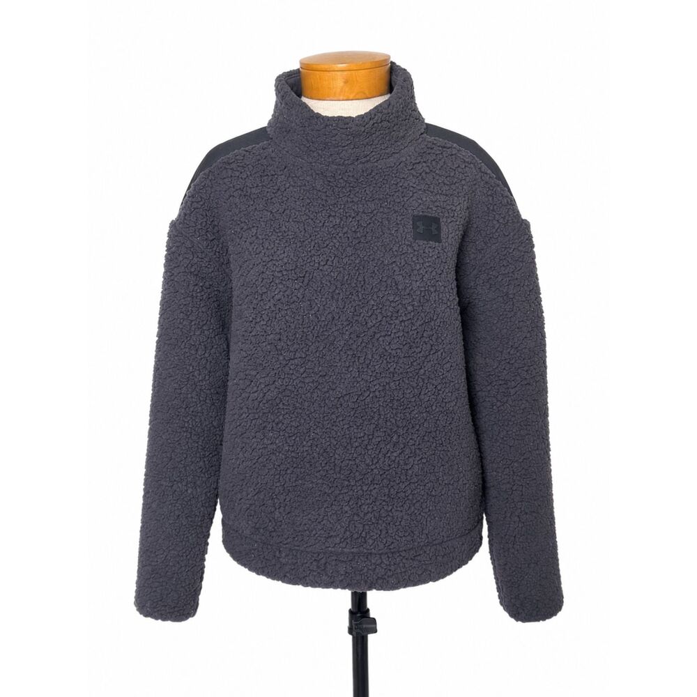 Under Armour UA Sherpa Fleece Mock Neck Pullover M Gray Black Panels Warm Cozy